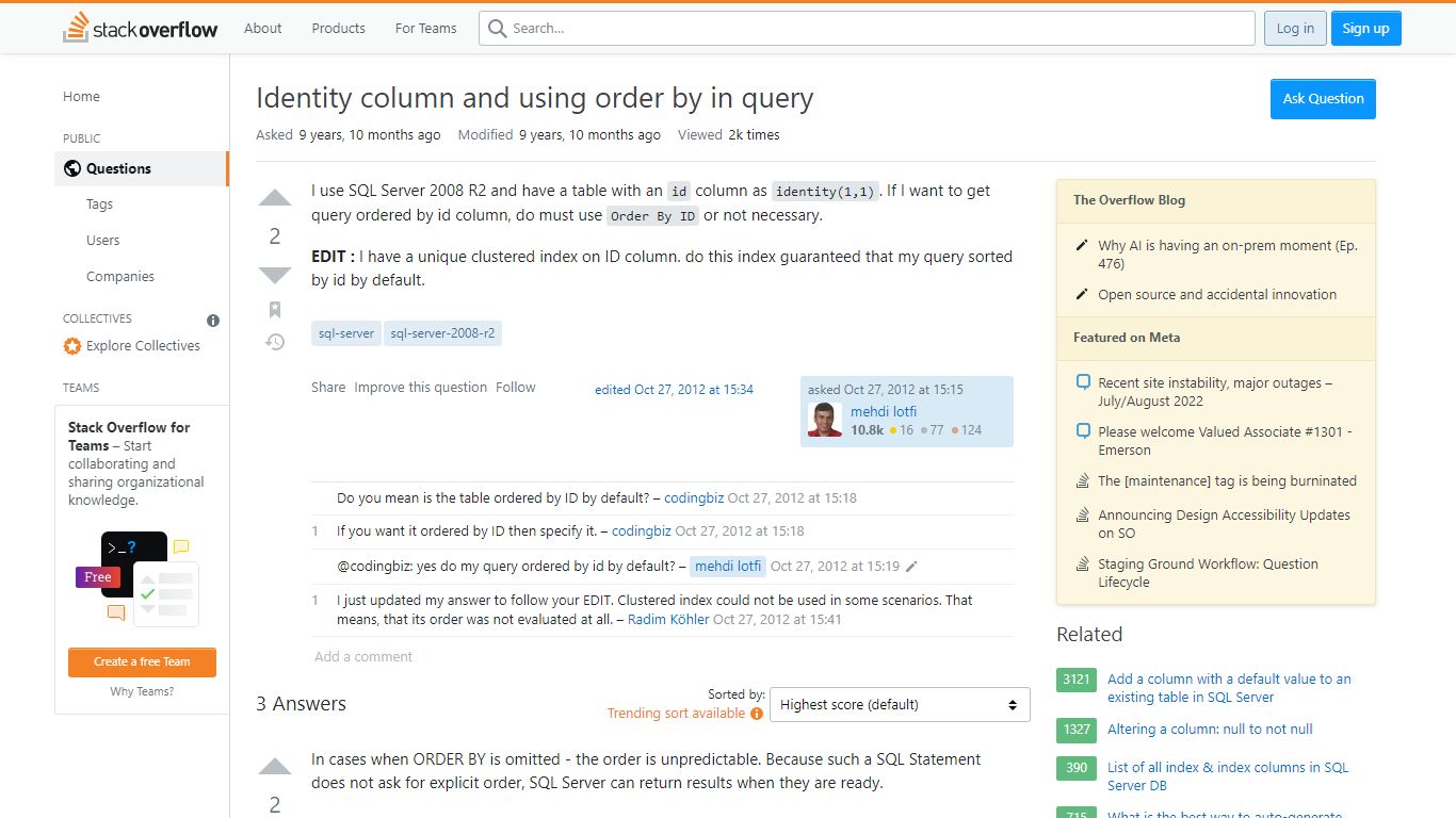 Identity column and using order by in query - Stack Overflow