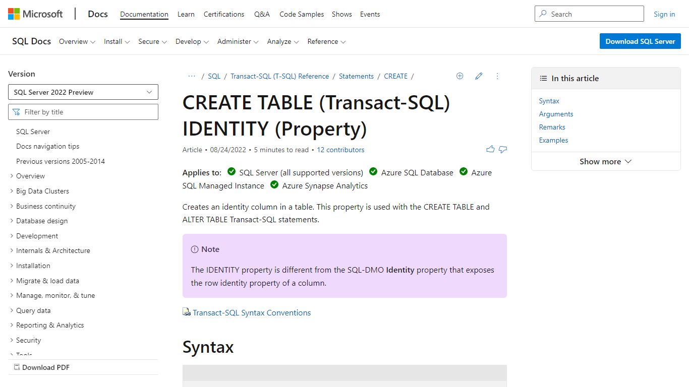IDENTITY (Property) (Transact-SQL) - SQL Server | Microsoft Docs