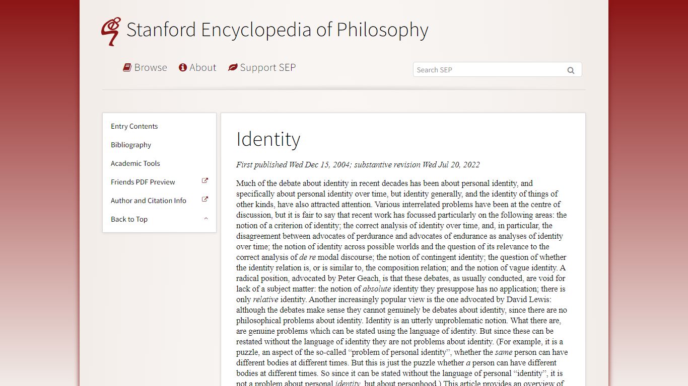 Identity - Stanford Encyclopedia of Philosophy